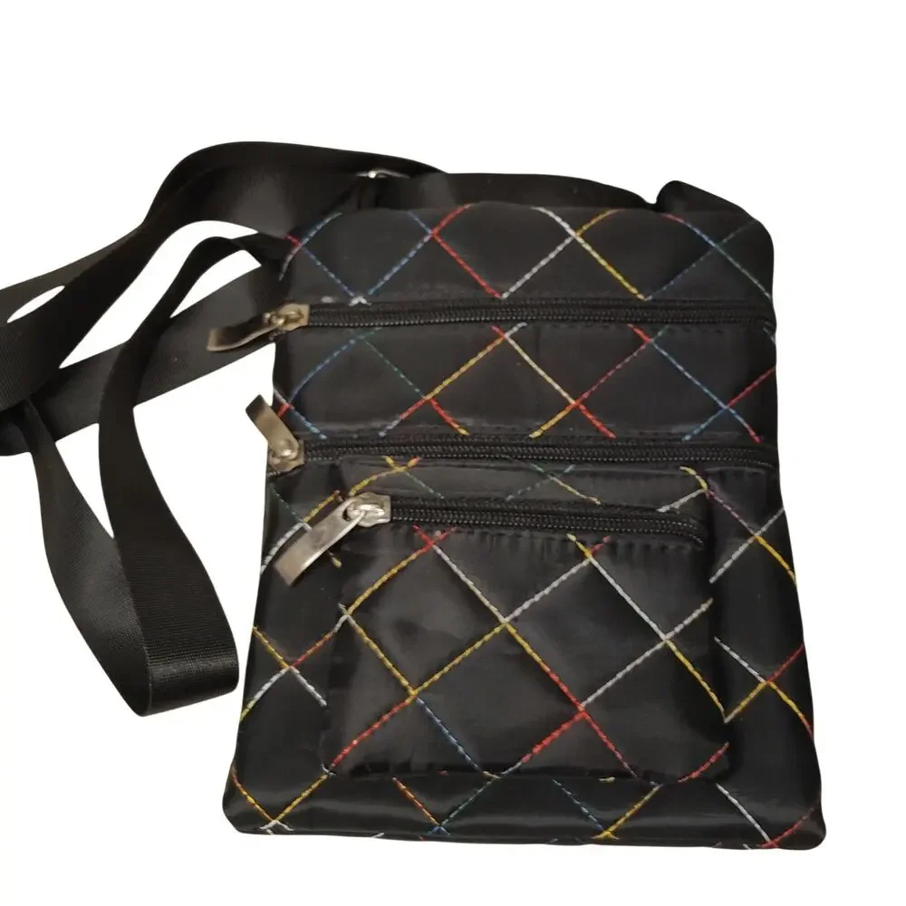 Vintage Black Quilted Crossbody Bag - Colorful Stitching Shoulder Purse 8x6x1.5